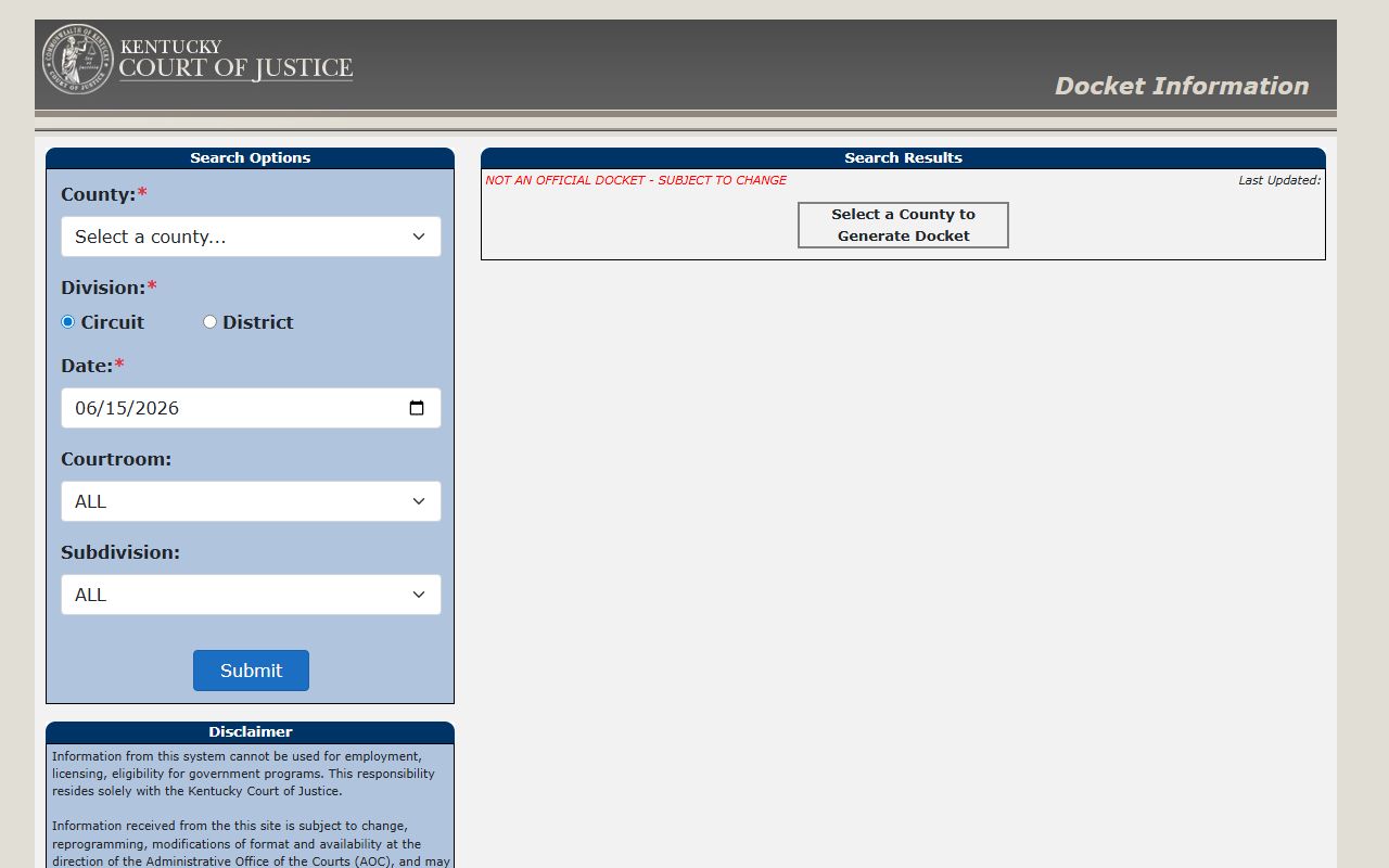 Kentucky Court of Justice docket search fields for Grant County court records